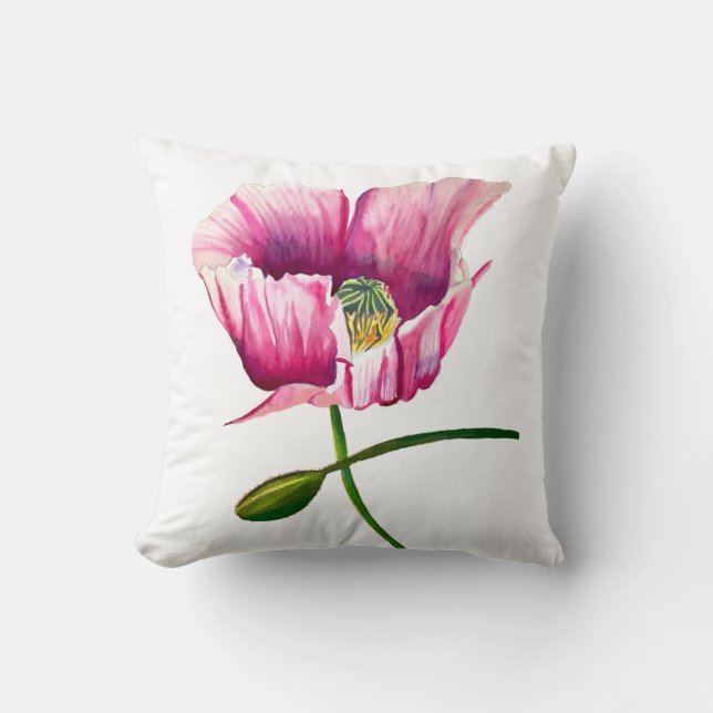 Watercolor pink poppy pretty flower cushion (Front)
