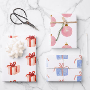 Watercolor Pink Presents & Ornaments Wrapping Paper Sheet