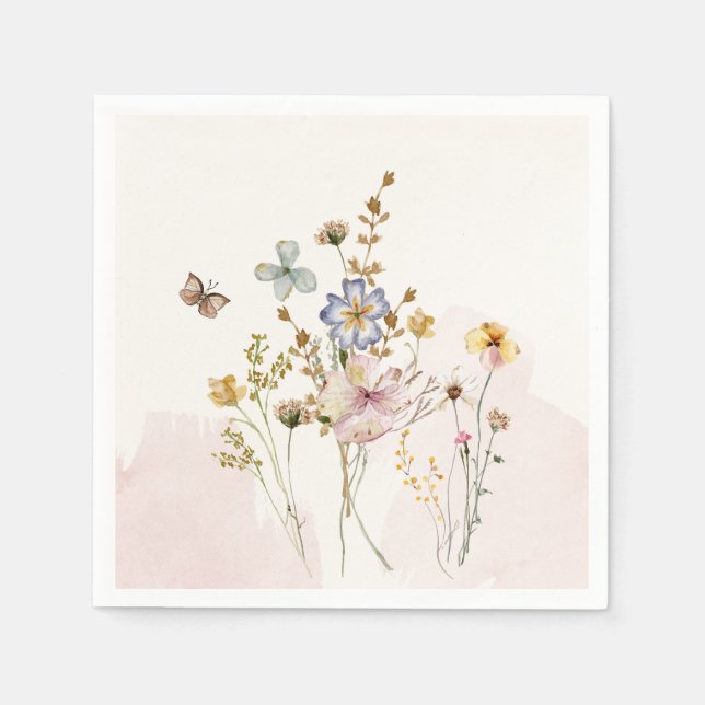 Watercolor Pink pressed & dried Wildflowers Napkin (Front)