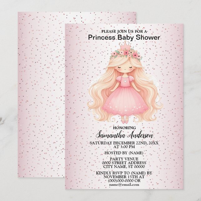 Watercolor Pink Princess Baby Shower Party Invitation (Front/Back)