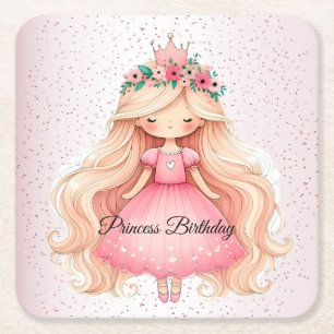 Watercolor Pink Princess Birthday Party Cute Square Paper Coaster