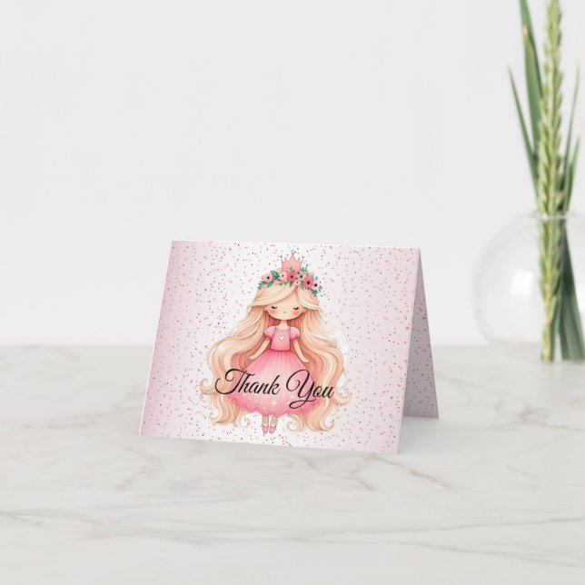 Watercolor Pink Princess Birthday Party Cute Thank You Card (Front)