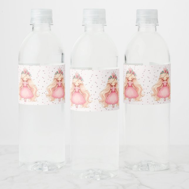 Watercolor Pink Princess Birthday Party Cute Water Bottle Label (Bottles)