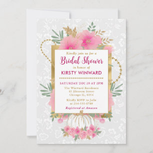 Watercolor Pink Pumpkin and Flowers Bridal Shower Invitation