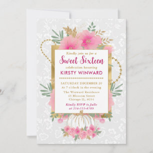 Watercolor Pink Pumpkin and Flowers Sweet 16 Invitation