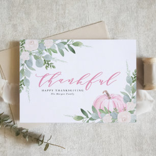 Watercolor Pink Pumpkin and Greenery Thanksgiving Holiday Card