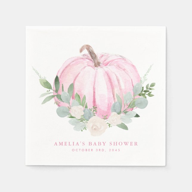 Watercolor Pink Pumpkin Autumn Baby Shower Napkin (Front)