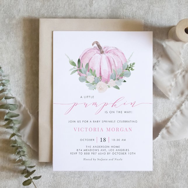 Watercolor Pink Pumpkin Autumn Baby Sprinkle Invitation (Creator Uploaded)