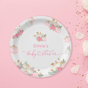 Watercolor Pink Pumpkin Cute Baby Shower Paper Plate