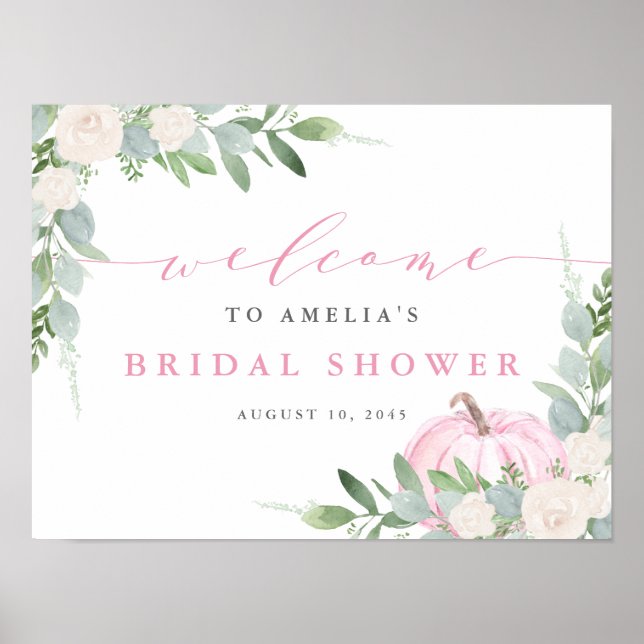 Watercolor Pink Pumpkin Fall Bridal Shower Welcome Poster (Front)