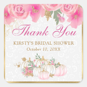Watercolor Pink Pumpkin Flowers Gold Bridal Shower Square Sticker