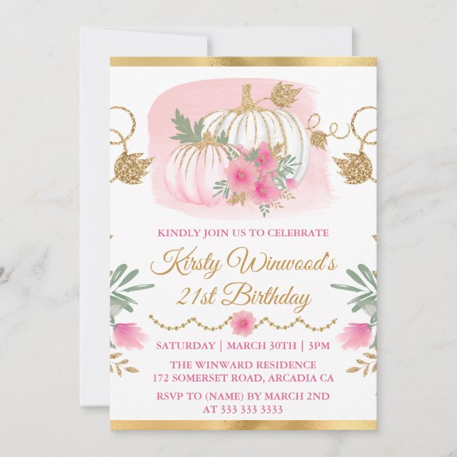 Watercolor Pink Pumpkin Gold Glitter Birthday Invitation (Front)