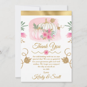 Watercolor Pink Pumpkin Gold Glitter Thank You Card