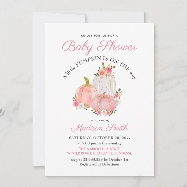 Watercolor Pink Pumpkins Roses | Baby Shower Invitation (Front)