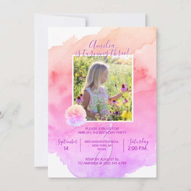 Watercolor Pink Purple Girl 3rd BIRTHDAY Party Invitation (Front)