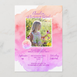 Watercolor Pink Purple Girl 3rd BIRTHDAY Party Invitation