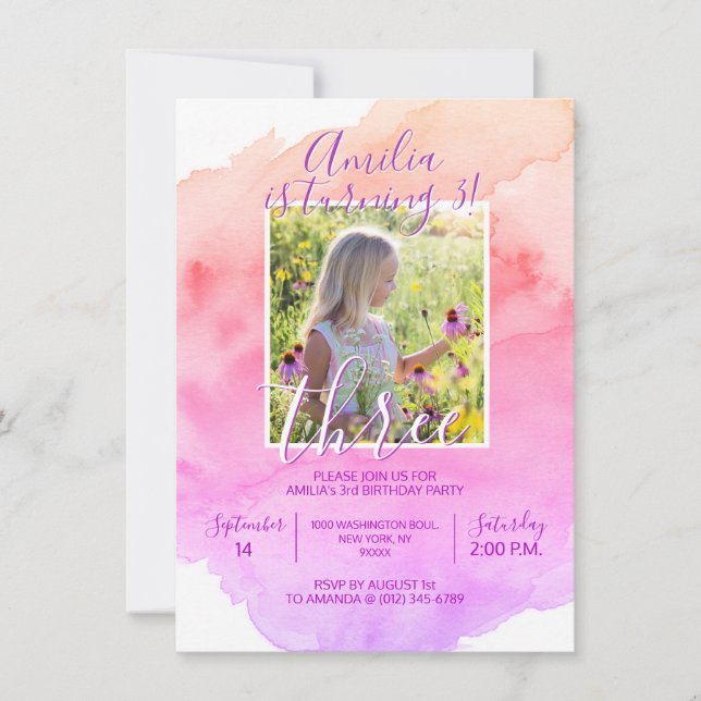 Watercolor Pink Purple Girl 3rd BIRTHDAY Party Invitation (Front)