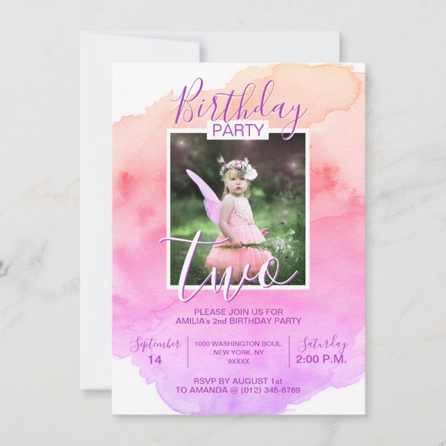 Watercolor Pink Purple Girl BIRTHDAY 2nd TWO YEAR Invitation (Front)