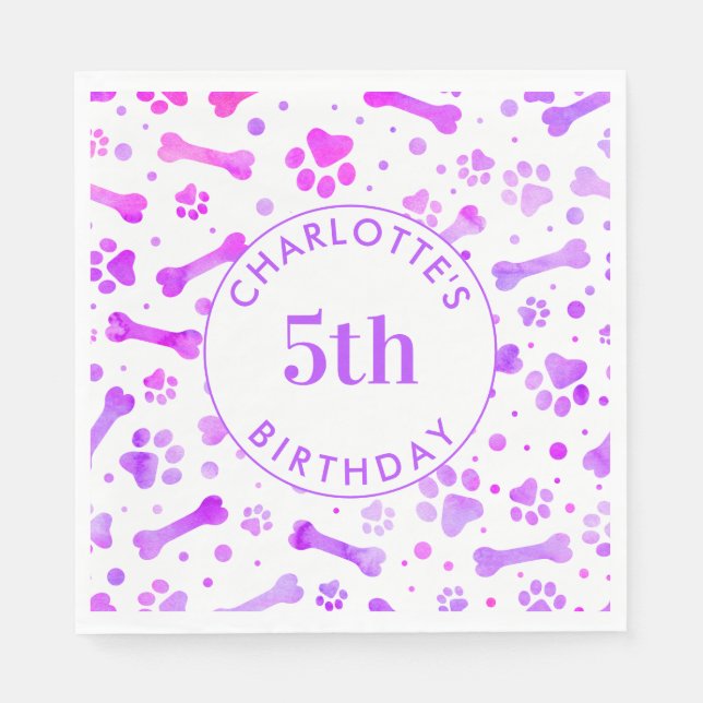 Watercolor Pink Purple Paw Prints Birthday Party  Napkin (Front)