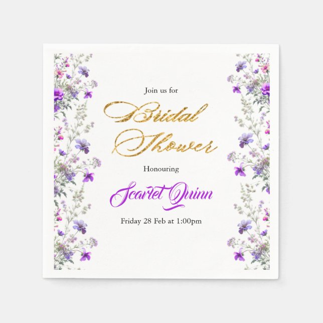 Watercolor pink-purple wildflower bridal shower napkin (Front)
