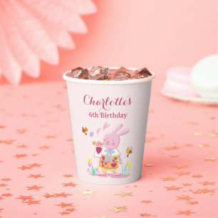 Watercolor Pink Rabbit Garden Kids Birthday Paper Cups