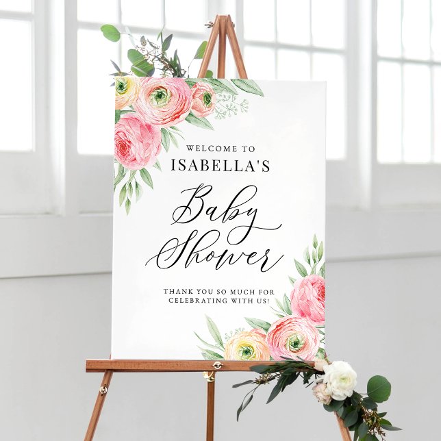 Watercolor Pink Ranunculus Baby Shower Welcome Poster (Creator Uploaded)