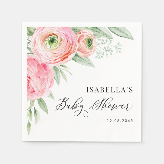 Watercolor Pink Ranunculus Flowers Baby Shower Napkin (Front)