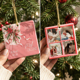 Watercolor Pink & Red Bow Couple First Christmas Ceramic Ornament