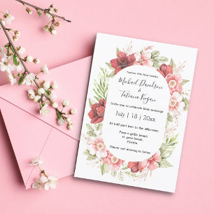 watercolor pink red floral summer spring wedding invitation
