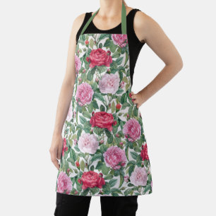 Watercolor Pink & Red Rose Flowers & Green Leaves Apron
