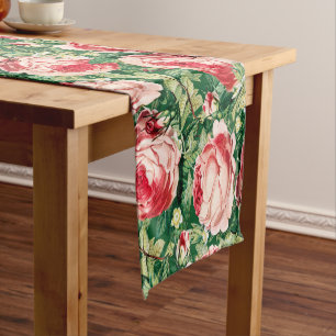 Watercolor Pink & Red Rose Flowers & Green Leaves Short Table Runner
