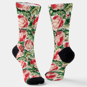 Watercolor Pink & Red Rose Flowers & Green Leaves Socks
