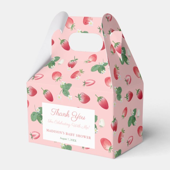 Watercolor Pink Red Strawberry Girl Baby Shower Favour Box (Front Side)