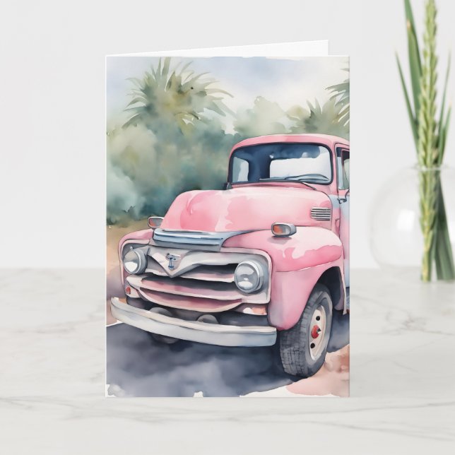 Watercolor Pink Retro Truck Birthday Card (Front)