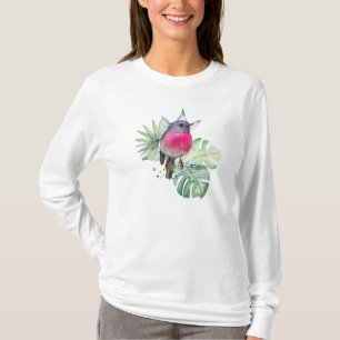 Watercolor Pink Robin with Tropical Leaves T-Shirt