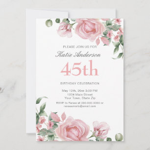 Watercolor PInk Rose 45th Birthday Party Invitation