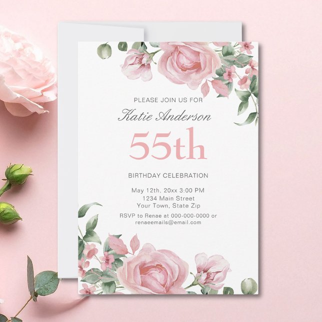 Watercolor PInk Rose 55th Birthday Party  Invitation (Creator Uploaded)