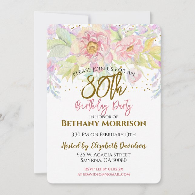 Watercolor Pink Rose 80th Birthday Invitation (Front)