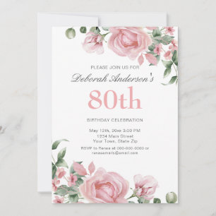 Watercolor PInk Rose 80th Birthday Party Invitation
