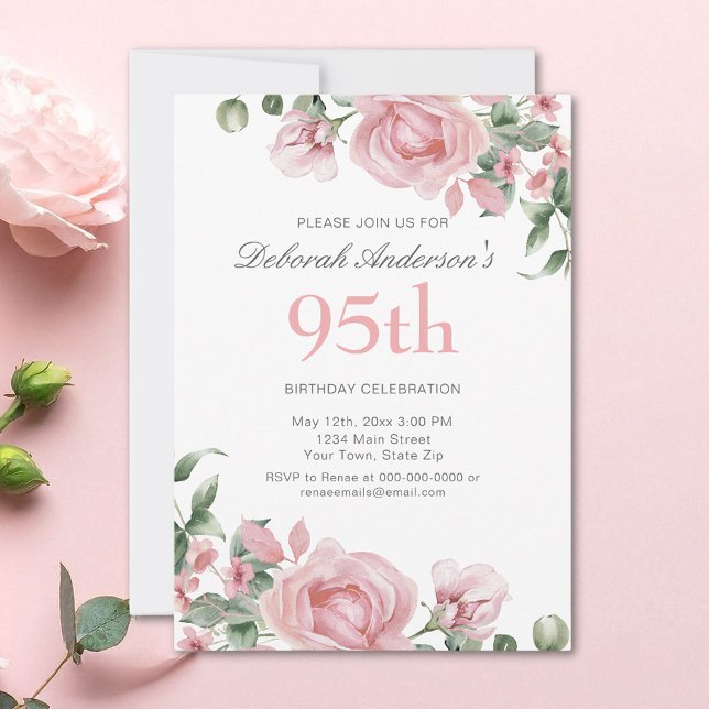 Watercolor PInk Rose 95th Birthday Party  Invitation (Creator Uploaded)