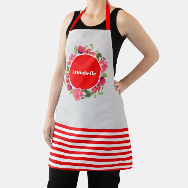 Watercolor Pink Rose and Red Poppies Wreath Circle Apron (Insitu)