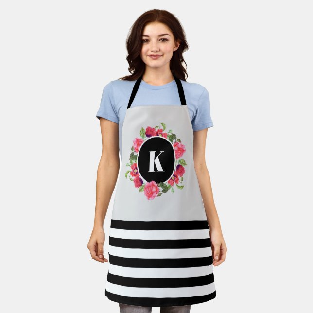 Watercolor Pink Rose and Red Poppies Wreath Circle Apron (Worn)