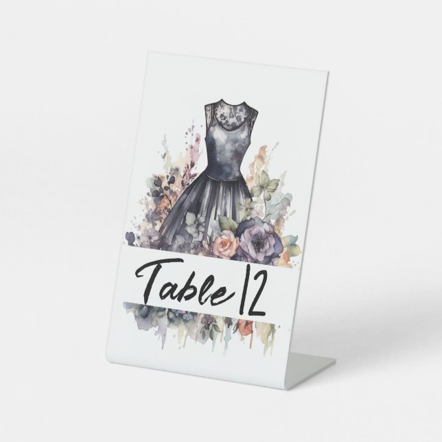 Watercolor pink rose black wedding dress name pedestal sign (Front)