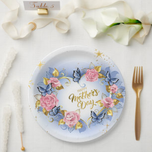 Watercolor Pink Rose & Blue Butterfly Mother’s Day Paper Plate
