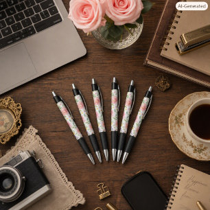 Watercolor Pink Rose Botanical Pen for Writers