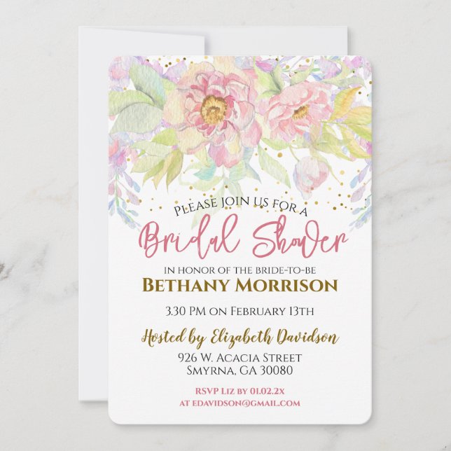 Watercolor Pink Rose Bridal Shower Invitation (Front)
