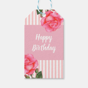 Watercolor Pink Rose Floral Art Happy Birthday Gift Tags