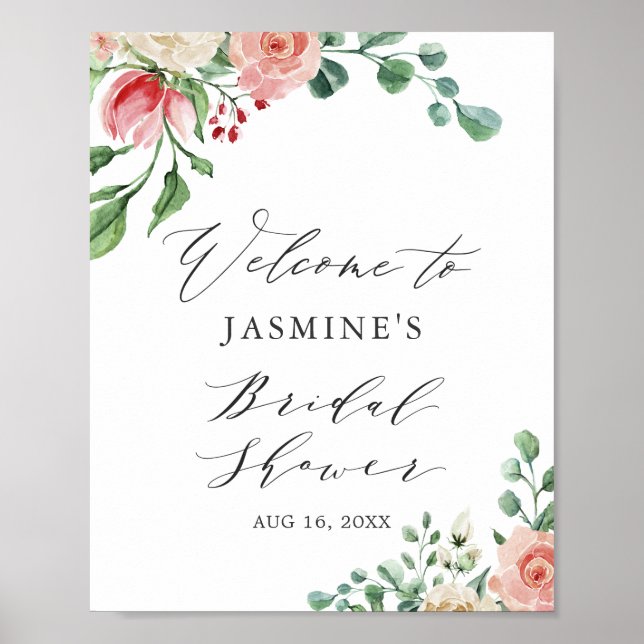 Watercolor Pink Rose Floral Bridal Shower Sign (Front)