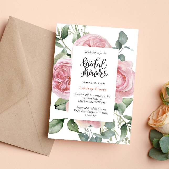 Watercolor Pink Rose Floral Elegant Bridal Shower Invitation (Creator Uploaded)