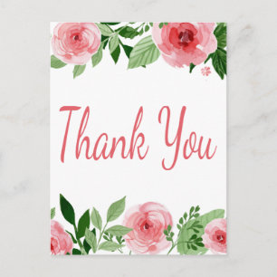 Watercolor Pink Rose Floral Thank You Postcard